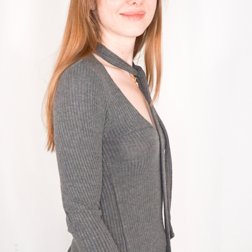 BRANDY MELVILLE Rib Gray Plunge Neck Tie Top NWT - Picture 4 of 8